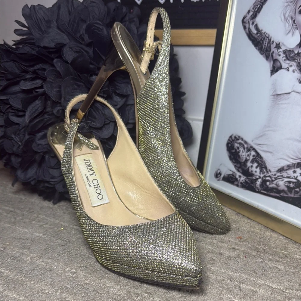 Jimmy Choo Gold Slingback Heels - Picture 2 of 10